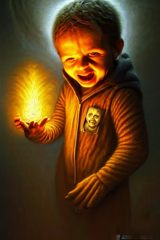 Prompt: The Intern, tarot card, by tomasz alen kopera and Justin Gerard, tiny child, eager smile, frightened eyes, teddy bear, symmetrical features, ominous, magical realism, texture, intricate, ornate, royally decorated, whirling yellow smoke, embers, radiant colors, fantasy, trending on artstation, volumetric lighting, micro details, 3d sculpture, ray tracing, 8k, anaglyph effect