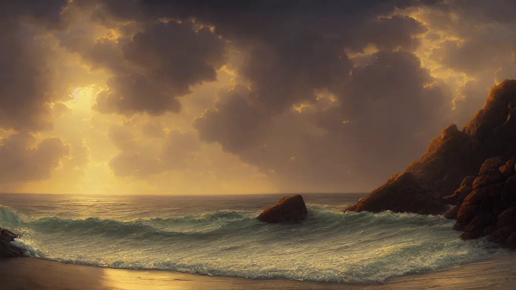 Image similar to first person view of breaking waves on the shore, summer, sunshine through the clouds, sea breeze rises in the air, by andreas rocha and john howe, and Martin Johnson Heade, featured on artstation, featured on behance, golden ratio, ultrawide angle, f32, well composed