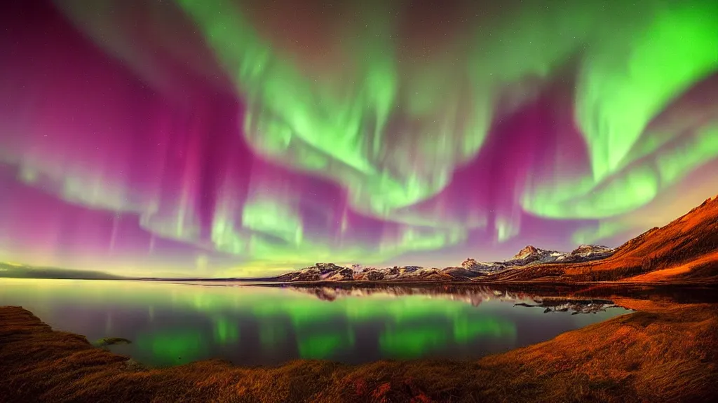 Image similar to amazing landscape photo of aurora lights with lake in sunset by marc adamus, beautiful dramatic lighting