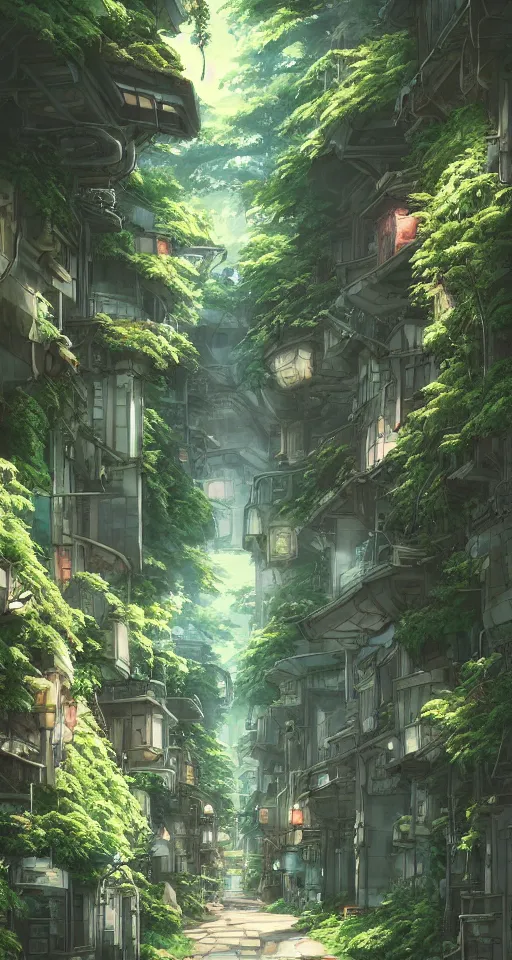 Prompt: Architectural section, animation concept art, studio ghibli style Miyazaki tekkonkintreet Teikoku Shounen style, amazing + fantasy Traditional Japanese alley lane on full moon, lush vegetation and ferns, sun rays, octane render, trending on artstation, hyper detailed, cinematic