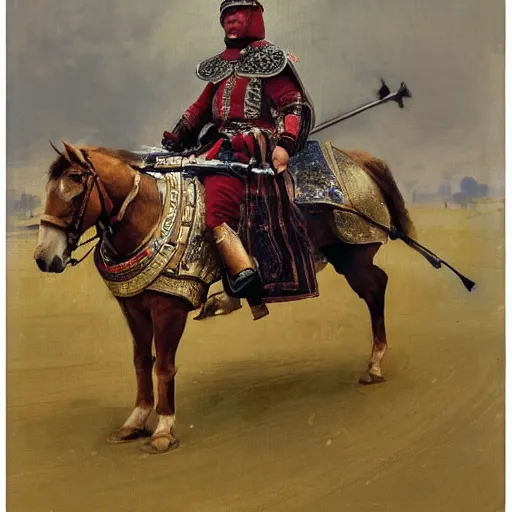 Prompt: portrait of man wearing chinmail and gambeson holding jousting lance, horse is wearing caparisons, by greg manchess, bernie fuchs, ruan jia