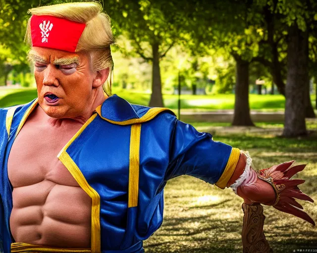 Image similar to award winning 5 5 mm portrait photo of trump as songoku, in a park by stefan kostic. soft light. nikon d 7 5 0