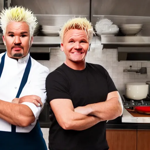 Prompt: vegetarian guy fieri and gay gordon ramsay in a kitchen