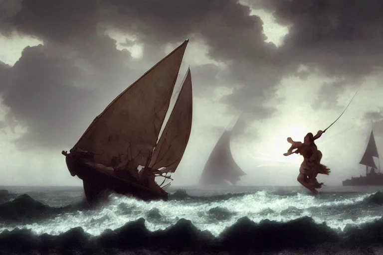 Image similar to ancient historically accurate depiction of Bible Character walking on water during a storm, a small fishing sailboat with scared sailors on board, dramatic lighting by frank miller, illustration by Ruan Jia and Mandy Jurgens and William-Adolphe Bouguereau, Artgerm, 4k, digital art, surreal, space dandy style, highly detailed, godsend, artstation, digital painting, concept art, smooth, sharp focus, illustration by Ruan Jia and Mandy Jurgens and William-Adolphe Bouguereau, Artgerm