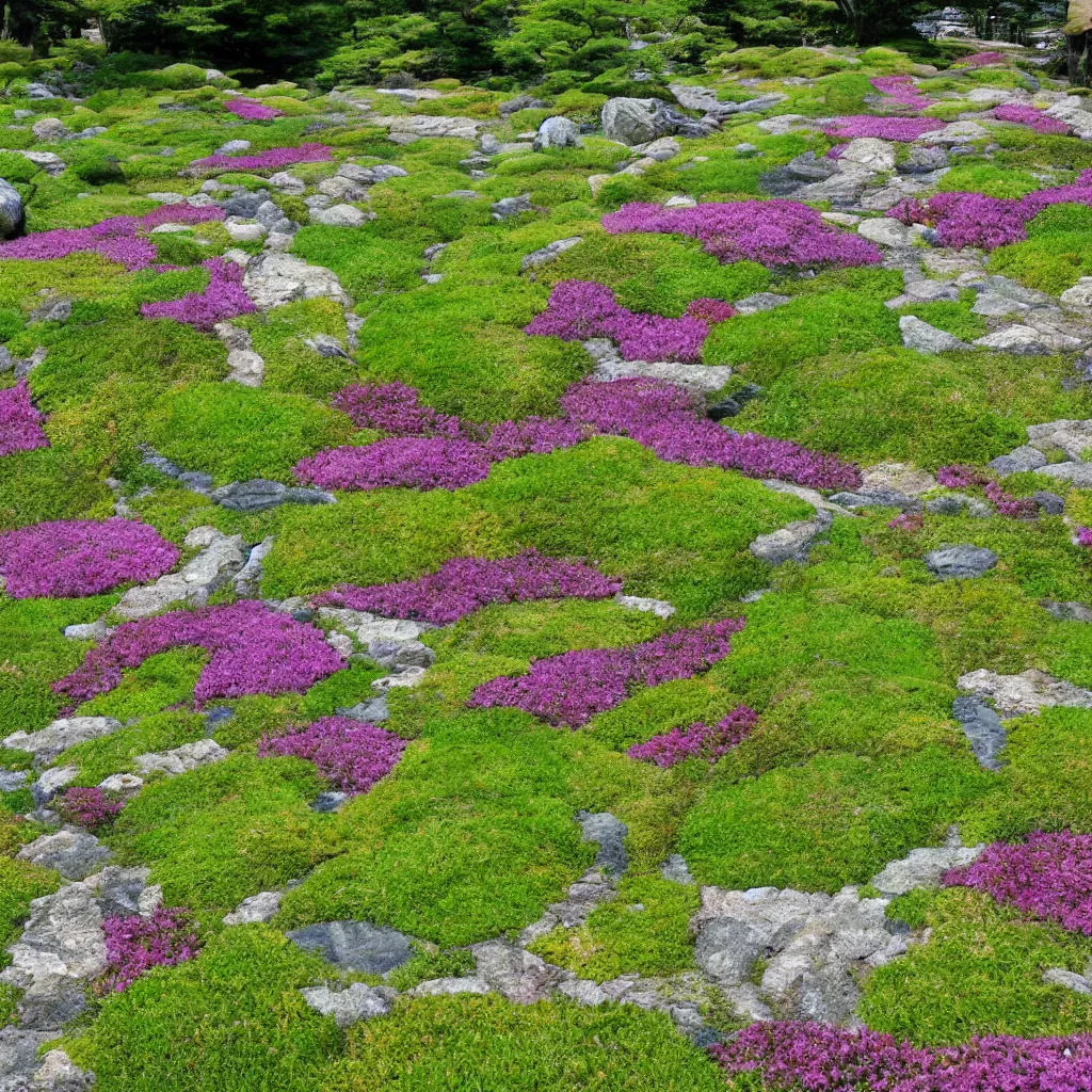 Image similar to Japanese meadow, highly detailed, with flowers and stones