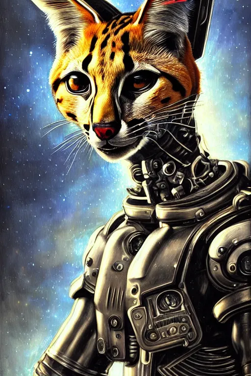 Prompt: a portrait of a muscular anthropomorphic cyberpunk serval in spacesuit armor with ensignia on chest plate by sandra chevrier, by jon foster, detailed render, post - processing, extremely hyperdetailed, intricate, epic composition, cybernetics, 4 k realistic, cryengine, realistic shaded lighting, sharp focus, masterpiece, by enki bilal