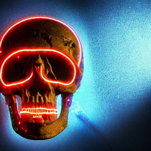 Image similar to psychedelic skull with a hood connected to a robotic body made of rusty metals holding a floating neon orb, electricity, high detail, cinematic lighting