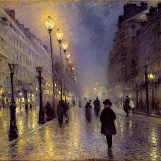 Image similar to Parisian street at night, 1880, Renoir, Jean Béraud, Gustave Caillebotte, Delaroche, Luigi Loir, Edouard Leon Cortes, moody, foggy, victorian buildings, people walking by, melancholic, busy