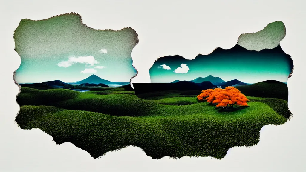 Image similar to dramatic landscape of hokkaido prefecture, japan, a collage painting, in the style of wes anderson, lola dupre, david hockney, isolated on negative white space background dark monochrome neon fluorescent spraypaint accents volumetric octane render