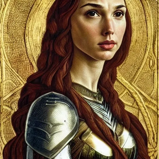 Prompt: gal gadot as a viking shield maiden, elegant portrait by sandro botticelli, detailed, symmetrical, intricate