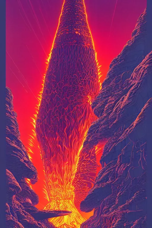 Image similar to artwork by kilian eng and toshi yoshida and franklin booth showing a futuristic powerstation!! in front of a ( ( erupting volcano ) ), vintage scifi, high details, dramatic lightning,, 8 k