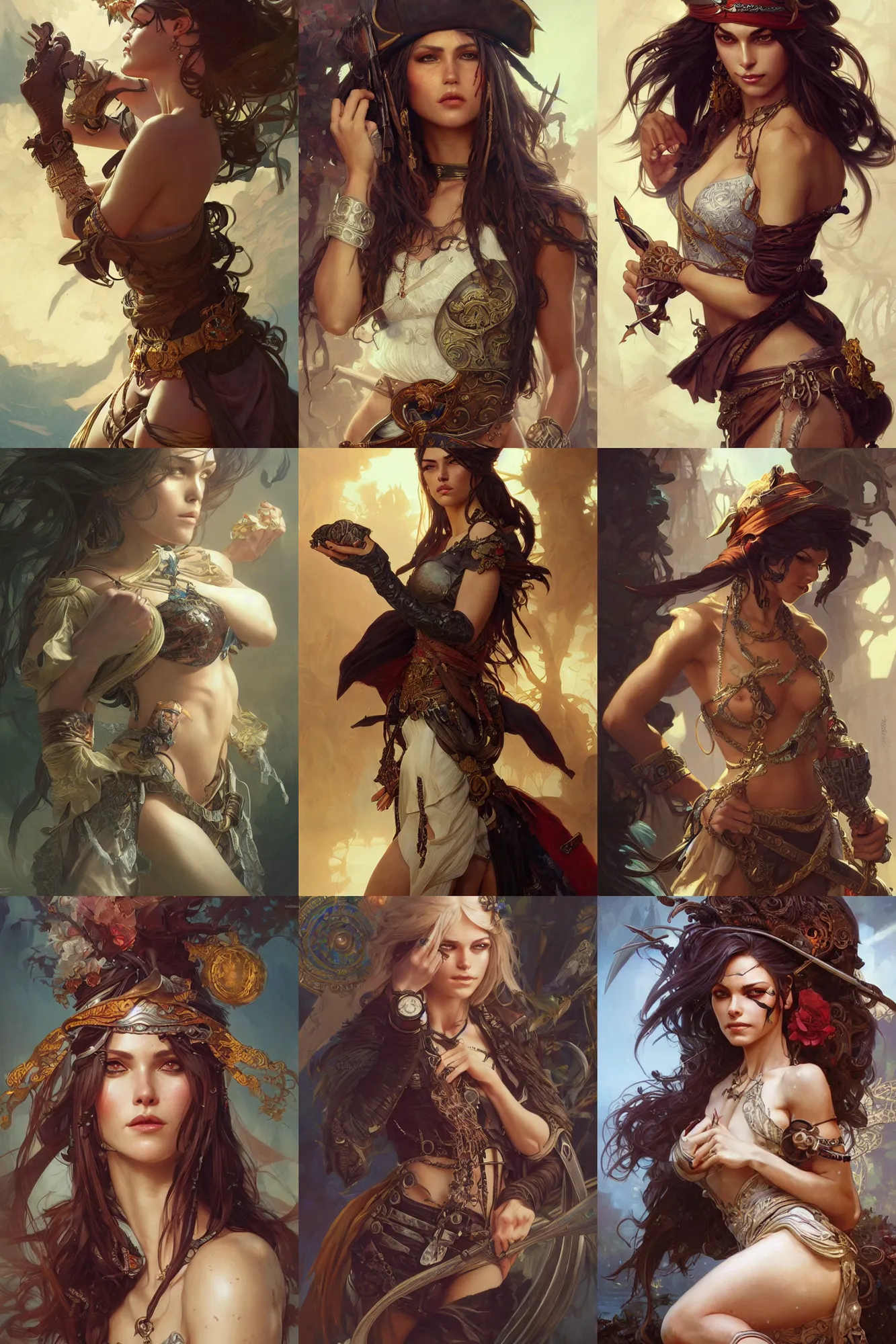 Prompt: Ultra realistic illustration, pirate woman, fantasy, intricate, elegant, highly detailed, digital painting, artstation, concept art, smooth, sharp focus, illustration, art by artgerm and greg rutkowski and alphonse mucha