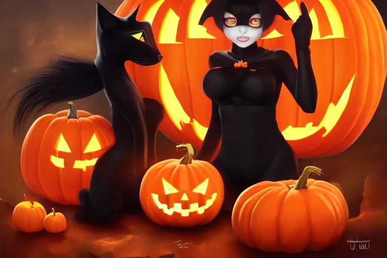 Image similar to portrait of black cat standing next to a jack - o - lantern, halloween night, charlie bowater, artgerm, ilya kuvshinov, krenz cushart, ruan jia, realism, ultra detailed, 8 k resolution