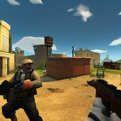 Prompt: screenshot of team fortress 2 gameplay with walter white, first person, highly detailed, highly intricate, 8 k,