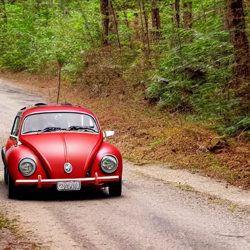 Image similar to promotional scifi - mystery movie scene of a ( volkswagen beatle ) and ladybug hybrid that's more ladybug. racing down a dusty back - road in smokey mountains tennessee. cinematic, 4 k, imax, 7 0 mm, hdr