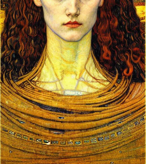 Image similar to detailed realistic beautiful young medieval queen face portrait by jean delville, gustav klimt and vincent van gogh, art nouveau, symbolist, visionary, gothic, pre - raphaelite, muted earthy colors, desaturated
