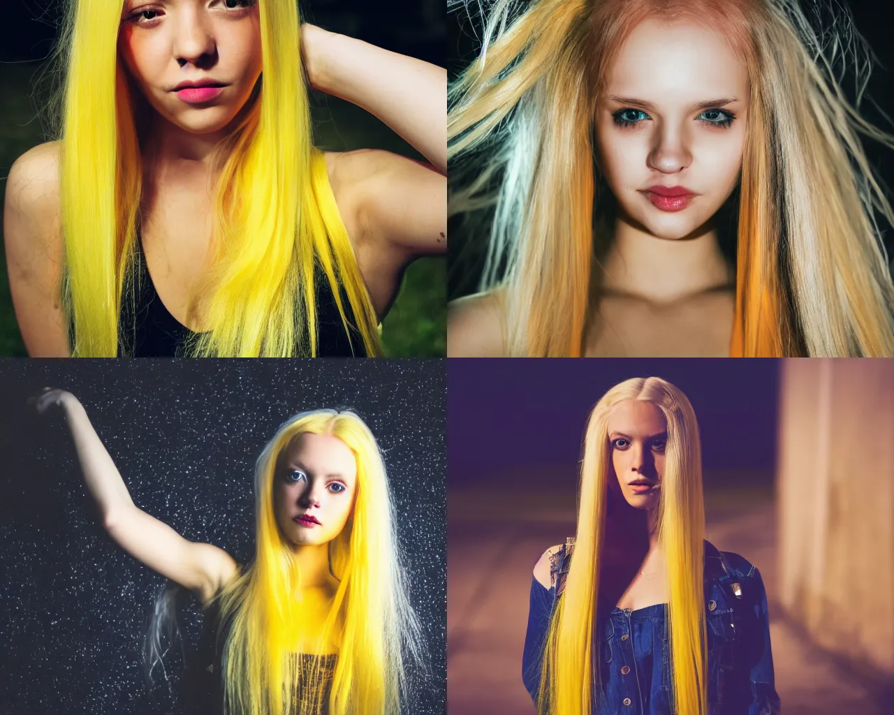 Prompt: girl with long yellow hair wearing a crop top, nighttime, dslr 3 5 mm, beautiful face, detailed, award winning