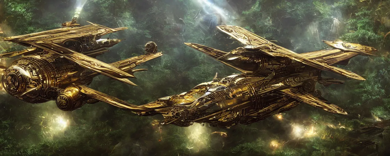 Prompt: a futuristic scientific flying steampunk fighter ship elegant, smooth, ornate with gold trimmings, by Craig Mullins and Scott Robertson, large steampunk space port inside a lush rainforest background by Dylan Cole and federico pelat, cinematic dappled lighting, hyper detailed hyper detailed, 8k, ultra realistic, cinematic lighting, ultra wide 35mm lens