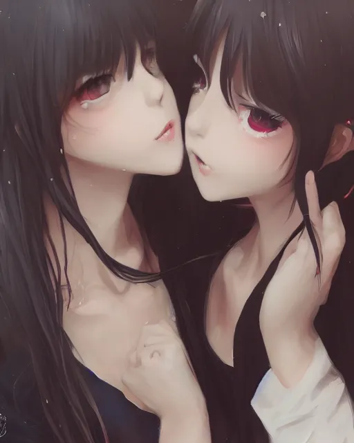 Image similar to portrait of two girls kissing, anime, drawn by WLOP, trending on Artstation