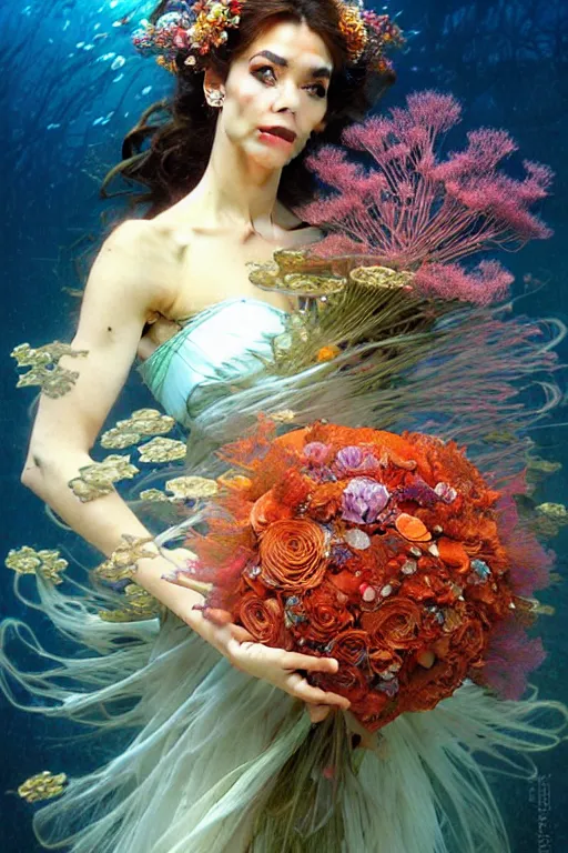 Prompt: portrait of a beautiful mysterious woman holding a bouquet of flowing flowers, hands hidden under the bouquet, underwater filled with coral reef, fantasy, regal, intricate, by stanley artgerm lau, greg rutkowski, thomas kindkade, alphonse mucha, loish, norman rockwell