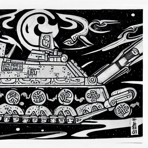 Image similar to a battle tank heavy armor blasting with yin - yang black and white symbol daoist paint, in a cosmic field