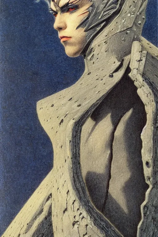 Image similar to portrait of beautiful gothic and futuristic young man, warcpace, cyber and rocks armor, a lot of more and more scars, thunderstorm, blueack with white head, the middle ages, highly detailed, artstation, illustration, more and more composision, 8 k quality, art by jean delville, rene magritte