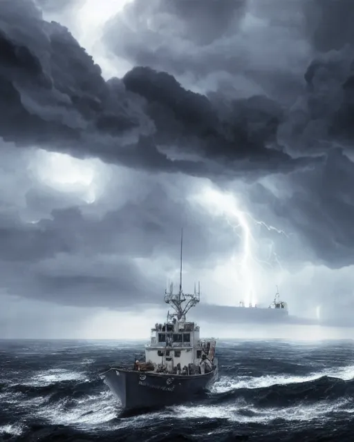 Prompt: establishing shot of a fishing boat on stormy seas, a gigantic star destroyer spaceship in the storm clouds flying overhead, stormy weather, dramatic lighting, unreal engine, hyper realism, realistic shading, cinematic composition, realistic render, octane render, detailed textures, photorealistic, ultrawide shot, 16mm lens