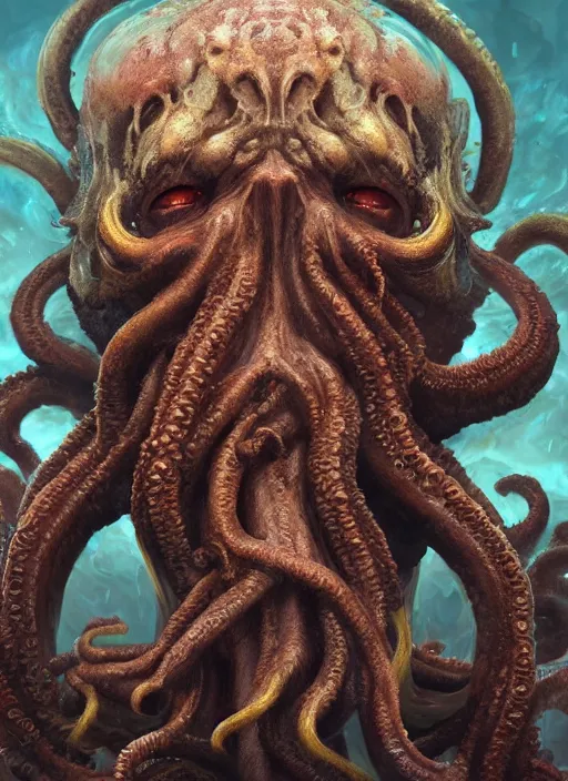 Image similar to portrait of cthulhu, hyper detailed, digital art, trending in artstation, cinematic lighting, studio quality, smooth render, unreal engine 5 rendered, octane rendered, art style by klimt and nixeu and ian sprigger and wlop and krenz cushart.