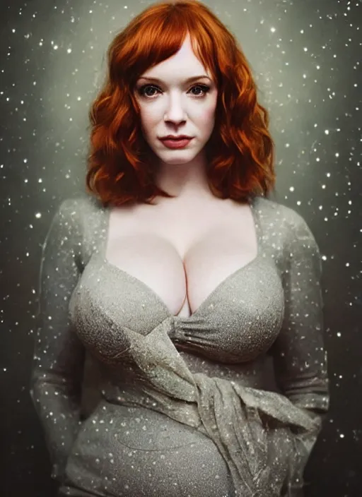 Image similar to upper body photograph portrait of a very pretty!!! christina hendricks in starfield, symmetric face, petzval lens. out of focus, sharp focus, smooth, space station. by alesio albi and george lucas and stanley kubrick