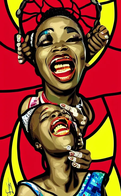 Image similar to mama africa laugh at her child!!! pop art, pixel, bioshock, gta chinatown, artgerm, richard hamilton, mimmo rottela, julian opie, aya takano, ultra hardly intricate details!!! ultra realistic visual!!! sharp focus!!!