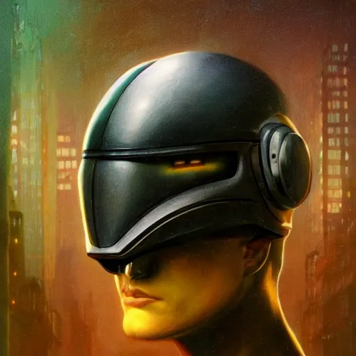 Prompt: dreary realism portrait of masked cyber punk helmet on the art deco streets of the big city, artstation, award - winning realistic sci - fi concept art by jim burns and greg rutkowski, beksinski, a realism masterpiece, muted color palette, james gilleard, bruegel, alphonse mucha, and yoshitaka amano