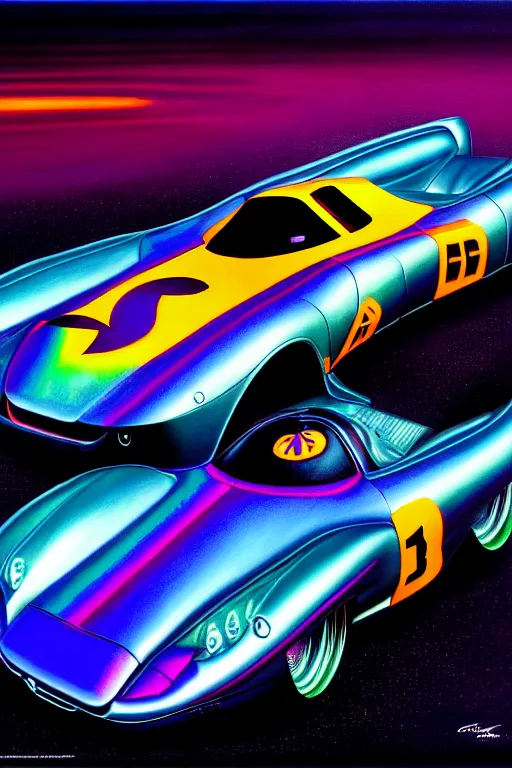 Image similar to a hyperrealistic detailed painting of a super futuristic iridescent halloween hotrod race car. cinematic lighting, depth perspective, depth of field, cinematic angle, by chris cunningham and richard corben, highly detailed, vivid color,