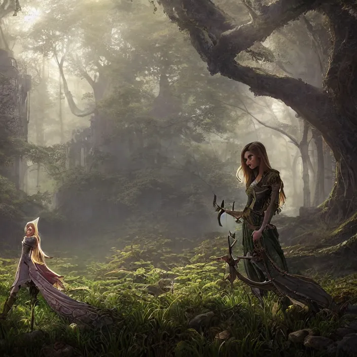 Image similar to intricate detailed portrait of a fantasy female elf on a beautiful forest meadow, temple ruins surrounded by lush forest, morning, art by Tyler Edlin, Artgerm and Greg Rutkowski, atmospheric lighting, dynamic lighting, cgsociety, RPG portrait, octane render, substance painter, iridescent accents