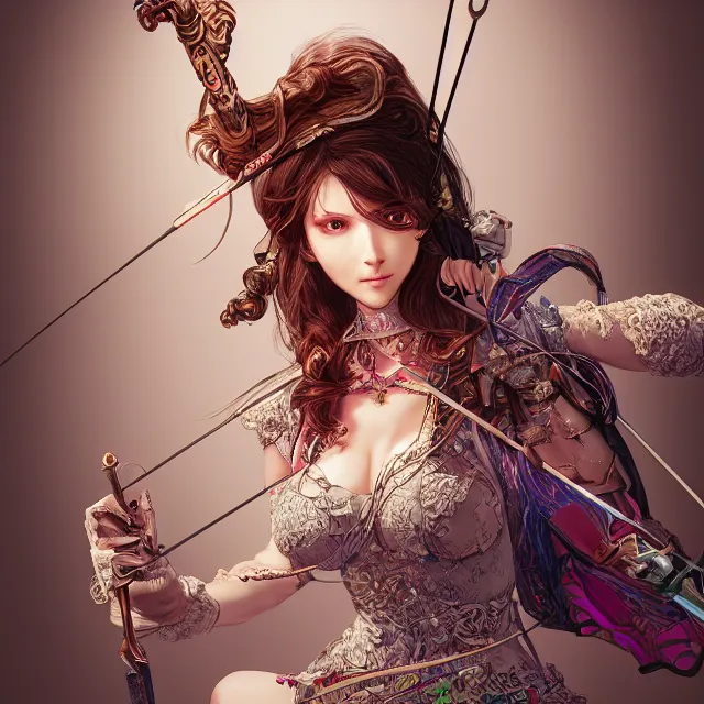 Image similar to the portrait of lawful neutral semi - colorful female archer socialite as absurdly beautiful, gorgeous, elegant, young gravure idol, an ultrafine hyperdetailed illustration by kim jung gi, irakli nadar, intricate linework, bright colors, octopath traveler, final fantasy, unreal engine 5 highly rendered, global illumination, radiant light, detailed and intricate environment