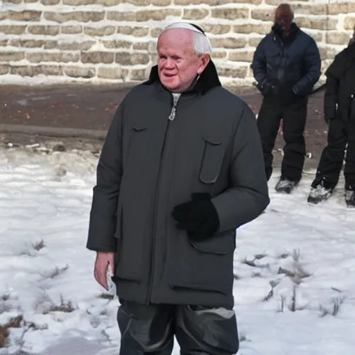 Image similar to john paul ii standing in a black puffed nuptse, black cargo pants and high black boots