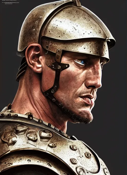 Prompt: roman general, handsome noble, ancient soldier, close - up portrait of roman warrior in lorica segmentata, character portrait, masterfully shaded, deep focus, amber eyes, insane color, artstation, perfect dramatic lighting, 8 k, game cover art, sharp focus, anatomically correct, historical reconstruction, by artgerm and greg rutkowski