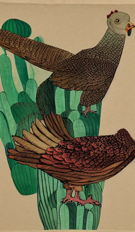 Prompt: lonely turkey vulture sitting on cactus by Shen Quan, hanging scroll, ink and colours on silk