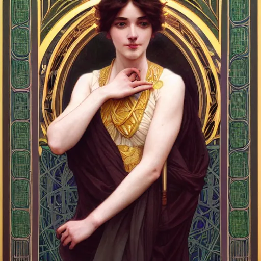 Image similar to portrait of nimueh, elegant, art nouveau, tarot card, highly detailed, digital painting, artstation, concept art, smooth, sharp focus, illustration, art by artgerm and greg rutkowski and alphonse mucha and william - adolphe bouguereau