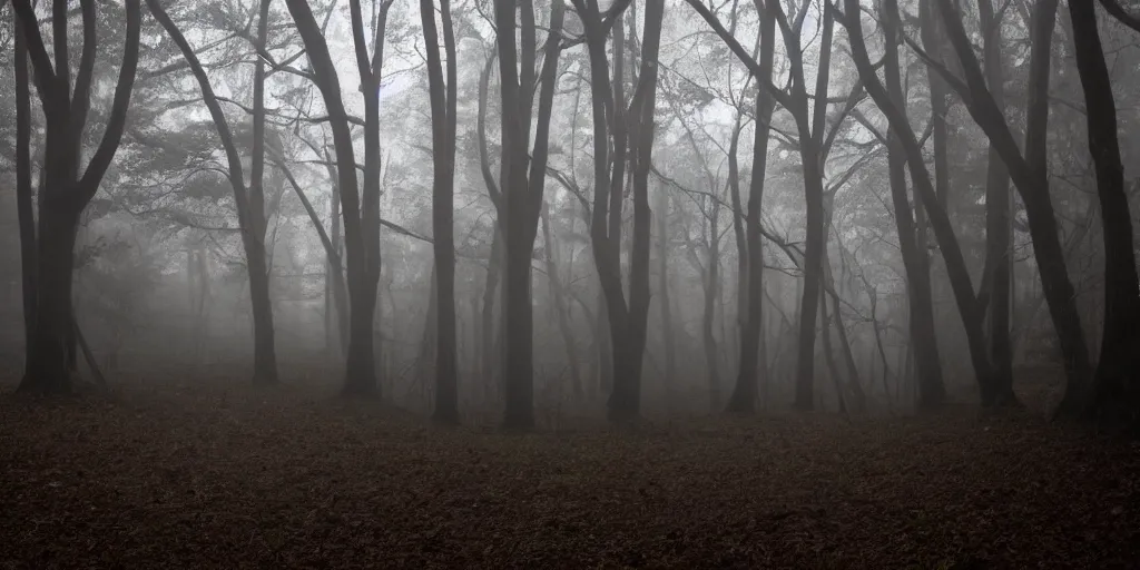 Prompt: foggy haunted woods with several silhouetted figure lurking in the distance, horror movie