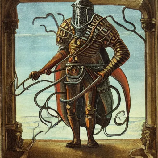 Prompt: a giant squid dressed as a medieval knight holding bushes in a medieval castle, selfie