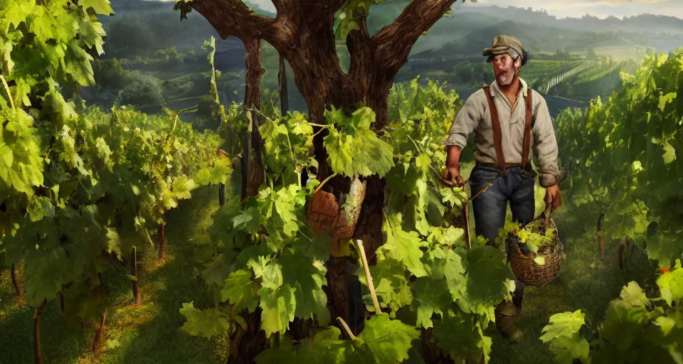 Image similar to A beautiful hyper realistic ultra detailed lifelike matte painting of traditional austrian vineyard worker, unreal engine, deviantart, flickr, artstation, octane render, textured, colorful, extreme realistic detail, physically based rendering, pbr render, very detailed, volumetric lighting, detailed lighting, octane render, 4k, cinematic lighting, 8k resolution