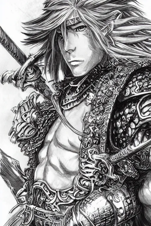 Prompt: A realistic anime portrait of a young handsome male barbarian with long wild hair, intricate fantasy spear, plated armor, D&D, dungeons and dragons, tabletop role playing game, rpg, jrpg, digital painting, by Yoshitaka Amano and Ayami Kojima and Akihiko Yoshida and Yusuke Murata and Kentaro Miura, concept art, highly detailed, promotional art, HD, digtial painting, trending on ArtStation, golden ratio, rule of thirds, SFW version