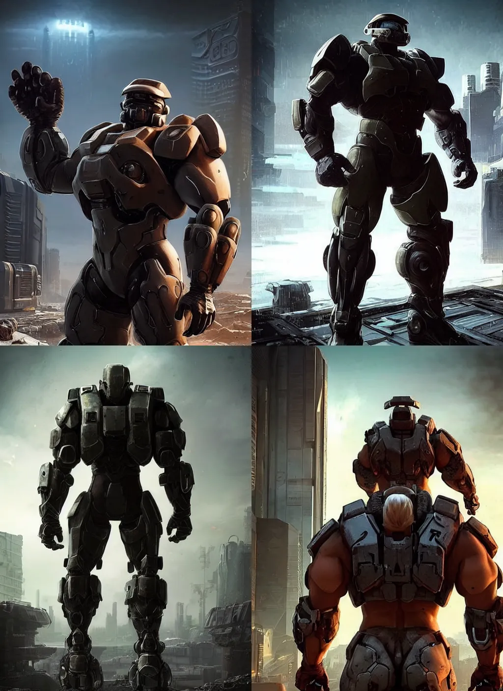 Prompt: a beefy bulky body builder warrior walking in a cyberpunk wasteland facing the camera, Inspired by Holly Tanaka from Halo 5, mjolnir armor from halo infinite without a helmet!!!!!!!!!!!!!!!!!!!!!!!!!, intricate, female face features!!!!!!!!!!!!!!!!!!!!!!!!!!!!!!!, 8K, octane render, Digital painting, concept art, illustration, sharp focus, centered, good value control, realistic shading, rational painting, rubber undersuit