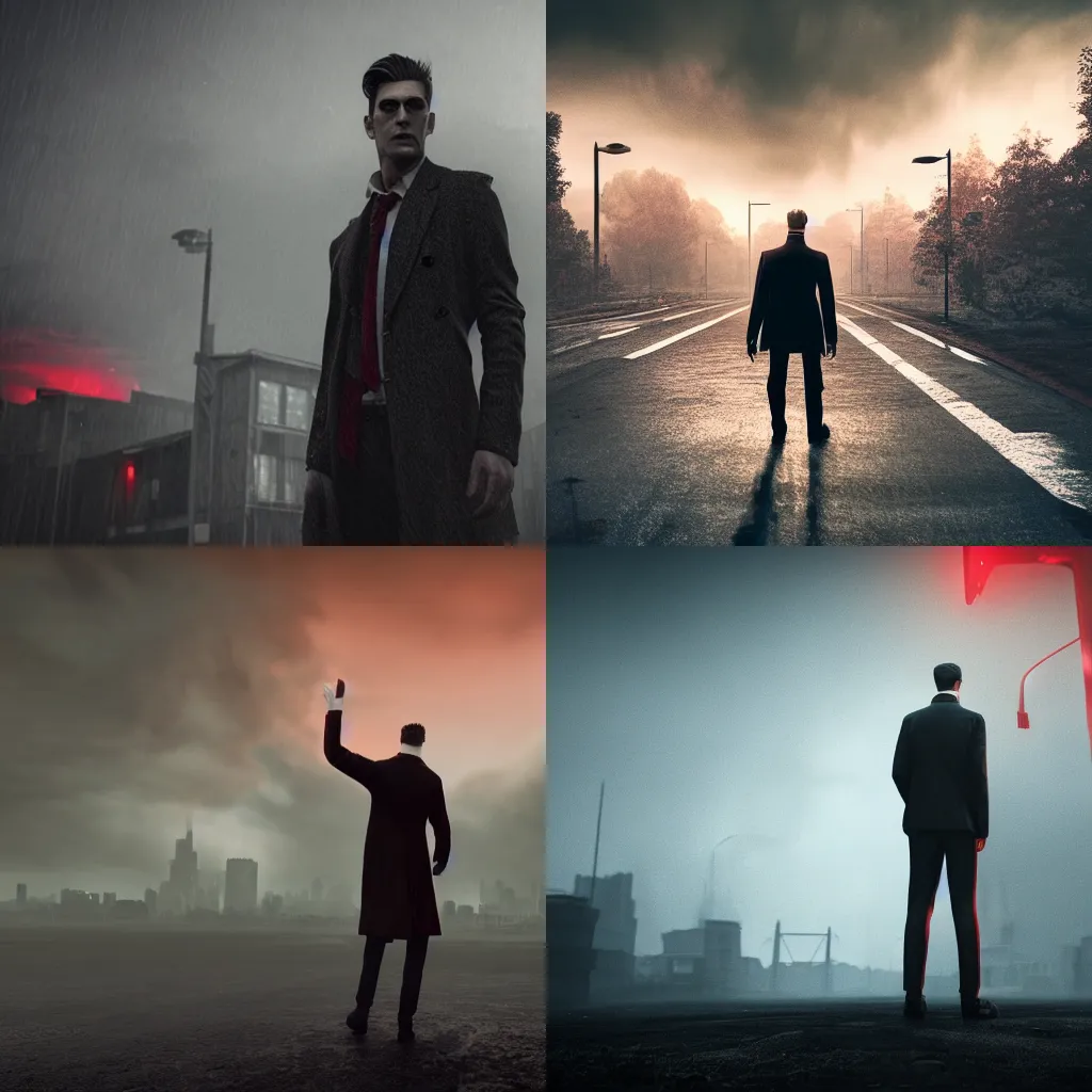 Prompt: highly detailed character art of a tall handsome man wearing a dusty black coat with a red right hand, suburbs and a gathering storm in the background, photo realistic, dark atmosphere, moody, 8K, octane render, unreal engine