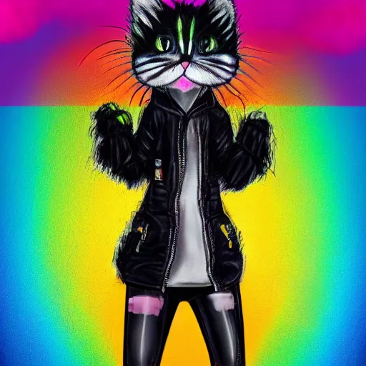 Image similar to wide angle full body, jacket wearing fluffy cute rainbow kitten wearing a black leather motorcycle jacket, concept art