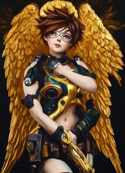 Prompt: full body oil painting of tracer overwatch in the style of sophie anderson, angel wings, angelic golden armor, dramatic painting, symmetrical composition, ornate, high detail, gold detailed collar, gold collar, gold choker, blooming, lights, flowers, detailed face,