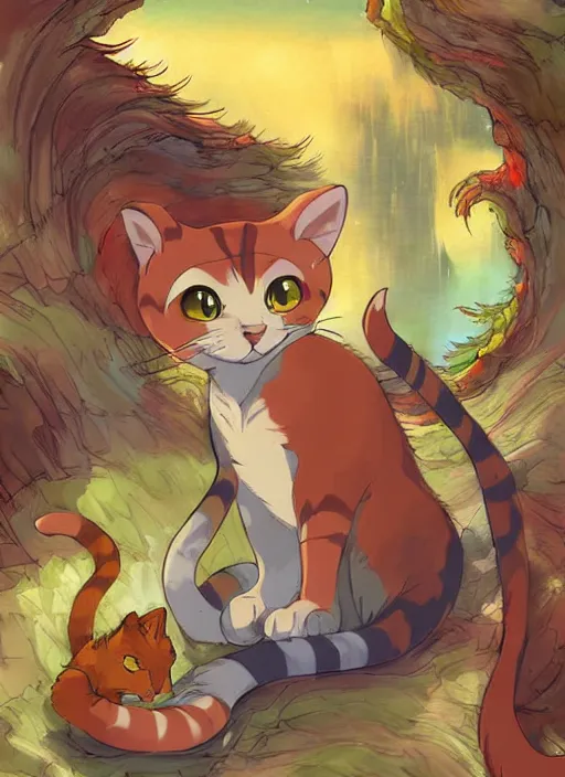 Image similar to official digital painting artwork of a cat character by don bluth, ross tran and studio ghibli.