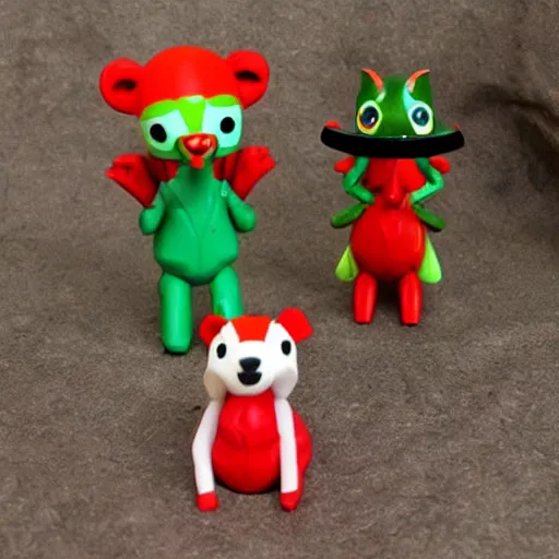 Image similar to some cute plastic toys that look like animal that are dressed as other animal characters, forest colors