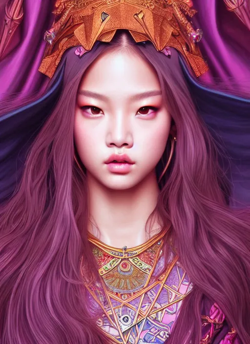 Prompt: jennie of blackpink, queen, tarot card, highly detailed, digital painting, smooth, sharp focus, illustration, ultra realistic, unreal engine, 8 k, art by artgerm and alphonse mucha