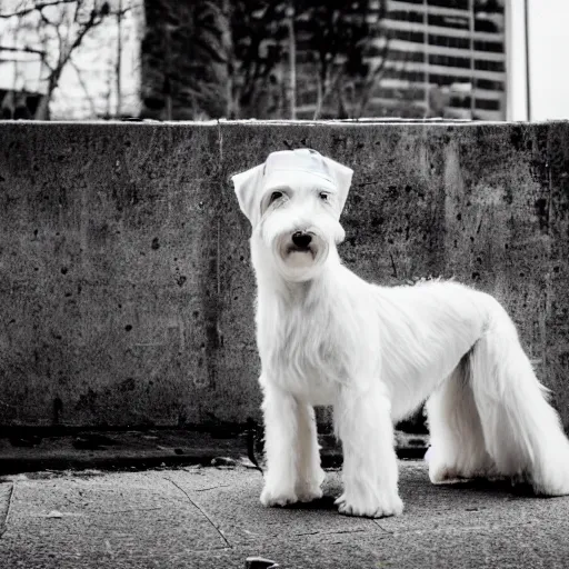 Image similar to photo of a white schnauzer dog with open feathered wings on his back sitting on the street of an abandoned dystopic city, hyprrealism, 5 5 mm photo